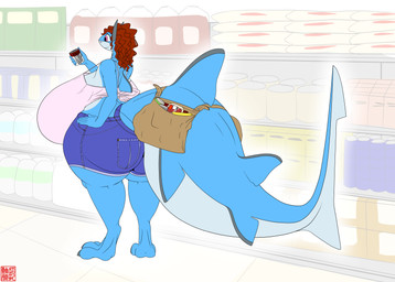 3_toes 5_fingers accessory anthro bag big_breasts big_butt big_tail blue_arms blue_body blue_bottomwear blue_clothing blue_legs blue_shorts blue_skin blue_tail blue_toes bottomwear breasts brown_bag butt can can_of_soup claws clothed clothed_anthro clothed_female clothing container feet female female_anthro fin fingers food fully_clothed fully_clothed_anthro fully_clothed_female furgonomic_bag furgonomic_tailwear furgonomics grey_claws grey_ears grocery_store hair hand_on_hip hand_on_own_hip huge_breasts huge_tail hyper hyper_breasts non-mammal_breasts pink_clothing pink_eyes pink_shirt pink_topwear red_hair shirt shopping shorts solo soup soup_can standing tail tail_accessory tail_bag toe_claws toes topwear white_body white_breasts white_skin white_tail wide_hips shannon_shark_(artist) shannon_shark carpet_shark fish ginglymostomatid marine nurse_shark shark absurd_res hi_res