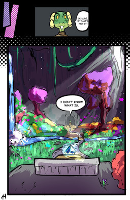 clothed clothing dialogue female grass green_body horn plant solo speech_bubble text tree waterfall brradett microsoft the_elder_scrolls lernie_(brradett) argonian scalie absurd_res comic english_text hi_res