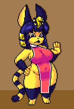 4_fingers accessory anthro bangs belly big_breasts big_ears black_eyes black_nose blue_hair blue_lipstick blue_markings breasts brown_background clothed clothing collar dress female fingers fur gesture gold_(metal) gold_accessory hair hair_accessory hand_gesture hand_on_hip lipstick long_tail looking_at_viewer makeup markings navel paws red_clothing red_dress revealing_outfit side_boob simple_background skimpy slightly_chubby slightly_chubby_anthro slightly_chubby_female small_paws solo standing striped_markings striped_tail stripes tail tail_down tail_markings thick_thighs white_collar yellow_body yellow_fur astropixels animal_crossing nintendo ankha_(animal_crossing) domestic_cat felid feline felis mammal digital_media_(artwork) dithering hi_res pixel_(artwork)