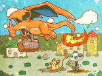 ambiguous_gender basket building claws cloud container feral fire flower flying food grass group house membrane_(anatomy) membranous_wings outside plant poke_puff sky tail toe_claws wings rasuku@07 european_mythology mythology nintendo pokemon dedenne dragon generation_6_pokemon mammal mega_charizard mega_charizard_y mega_evolution mythological_creature mythological_scalie pancham pokemon_(species) rodent scalie western_dragon 4:3