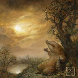 ambiguous_gender brown_body brown_fur cloud container cup detailed_background fur grass holding_container holding_cup holding_object lake looking_up outside plant sitting solo sun tree omar_rayyan badger mammal mustelid musteline 2025 traditional_media_(artwork)