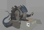 2_horns anthro biped blue_body blue_eyes blue_scales bulletproof_vest curved_horn gun horn kneeling male muscular muscular_anthro muscular_male ranged_weapon rifle scales solo weapon rakharish mythology dragon mythological_creature mythological_scalie scalie 2024 hi_res