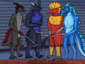anthro bodily_fluids genital_fluids genitals group holding_own_penis holding_penis male male/male male_anthro male_peeing nude nude_anthro peeing peeing_on_glass peeing_together peeing_while_erect penis public_peeing public_urination urine urine_stream watersports wyirmblood mythology nintendo pokemon ember_(blazikem) orion_(professionalfeisty52) sikav_farkas zaruvyen anthro_dragon blaziken dragon generation_3_pokemon mythological_creature mythological_scalie pokemon_(species) scalie 4:3 hi_res
