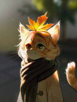 :3 ambiguous_gender anthro blonde_hair blurred_background clothed clothing coat eyebrows eyelashes fully_clothed hair inner_ear_fluff leaf leaf_on_head scarf short_hair smile solo text topwear tuft twitter_handle whiskers rylebee domestic_cat felid feline felis mammal 2025 artist_name hi_res