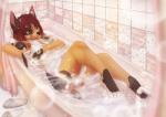 anthro bathing bathtub breasts bubble casual_nudity clothing convenient_censorship female footwear nude partially_submerged shoes shower_curtain slippers smile solo suds tile water dafka makenna canid canine mammal