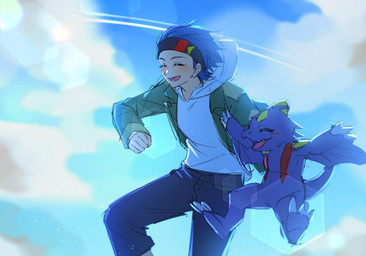 accessory anthro blue_hair blush claws duo eyes_closed hair headband male purple_body smile wings noire2_a bandai_namco digimon digimon_beatbreak raito_souda digimon_(species) human mammal monodramon scalie hi_res