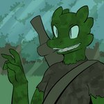 1:1 2014 anthro clothed clothing digital_media_(artwork) dirty grass green_body green_skin horn kobold lagotrope lizard male melee_weapon outline plant pupils reptile scalie slit_pupils solo story story_at_source story_in_description sword tgchan tree weapon white_eyes zizi_(lagotrope)