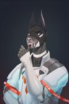 5_fingers anthro armor balaclava black_balaclava blood bodily_fluids dark_body fangs fingers long_ears male mask nosebleed simple_background solo teeth white_armor yellow_eyes thalislixeon acrador canid canine canis jackal mammal 2:3 colored hi_res portrait shaded