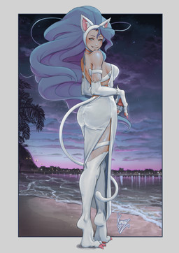 beach blue_hair breasts cat_tail claws clothed clothing female fur hair long_hair looking_back side_slit side_slit_dress slit_dress smile solo white_body white_fur kumanz capcom darkstalkers felicia_(darkstalkers) animal_humanoid cat_humanoid domestic_cat felid felid_humanoid feline feline_humanoid felis humanoid mammal mammal_humanoid absurd_res hi_res