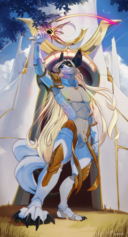 anthro bulge clothed clothing fur hair male melee_weapon multicolored_body multicolored_fur outside raised_arm skinsuit smile solo spacecraft spacesuit standing sword tail tight_clothing vehicle weapon white_body white_fur kaelash kaelyn_idow canid canine fennec_fox fox mammal true_fox absurd_res hi_res