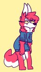 ambiguous_gender anthro biped blue_clothing chest_tuft clothing eyewear fur glasses hair hoodie neck_tuft red_body red_ears red_fur red_hair red_tail solo tail tired topwear tuft white_body white_ears white_fur white_tail dogfluid sammy_(dogfluid) canid canine canis domestic_dog mammal 2016 4:7