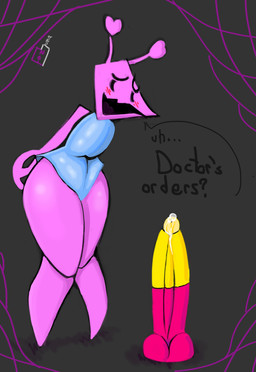 abstract_background ambiguous_gender anthro armless big_dildo blush dialogue dildo drugs embarrassed flustered heart_symbol looking_away open_mouth open_smile pills pink_body pink_skin sex_toy smile solo text thick_thighs wide_hips fozuna deltarune undertale_(series) darkner humanoid virovirokun 2021 english_text