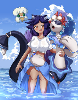 anthro beach belly belly_squish big_breasts bracelet breasts clothed clothing crop_top day duo_focus female feral fluffy fluffy_tail gem group hair jewelry looking_at_another midriff no_underwear outside pearl_(gem) purple_hair sea shirt singing smile squish tail thigh_gap topwear trio water wet wet_clothing ferdianpebz nintendo pokemon bubblegum_the_primarina fan_character madeline_whimsicott vanilla_the_whimsicott animal_humanoid generation_5_pokemon generation_7_pokemon humanoid pokemon_(species) primarina whimsicott absurd_res hi_res