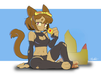 anthro armwear bra breasts brown_body brown_hair cat_lingerie clothing drinking elbow_gloves eyebrows eyewear eyewear_on_head feet female fingerless_gloves gloves goggles goggles_on_head hair handwear inner_ear_fluff juice_box lingerie magenta_eyes navel panties pawpads sitting solo toeless_legwear tuft underwear yellow_sclera flvski gameoverse glitch_productions kit_bodega domestic_cat felid feline felis mammal 2026 4:3 absurd_res hi_res