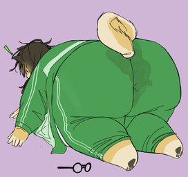 all_fours anthro anus_outline barefoot big_butt black_hair black_pawpads bodily_fluids bottomwear butt clothing exclamation_point eyewear feet female fur glasses hair huge_butt jacket messy_hair obese obese_anthro obese_female overweight overweight_anthro overweight_female pants pawpads purple_background rear_view round_glasses searching simple_background smelly_butt solo sweat sweat_stain sweaty_bottomwear sweaty_butt sweaty_clothing sweaty_pants topwear track_jacket track_pants tracksuit yellow_body yellow_fur tongxuemian canid canine canis domestic_dog mammal shiba_inu spitz 2025 hi_res