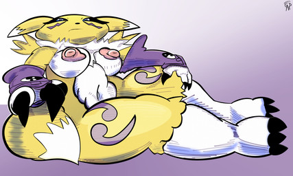 annoyed anthro black_eyes claws clothing female fluffy fluffy_tail gloves handwear navel nipples nude pink_nipples puffy_nipples purple_clothing purple_gloves purple_handwear simple_background small_nose solo suggestive_pose tail yellow_body yin_yang amespinkinson bandai_namco digimon canid digimon_(species) mammal renamon 5:3 hi_res