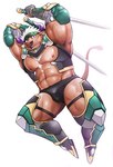 abs accessory anthro armor biceps brown_body brown_fur bulge clothing dual_wielding fur hair headband holding_melee_weapon holding_object holding_sword holding_weapon horn looking_at_viewer male melee_weapon muscular muscular_anthro muscular_male navel nipples open_mouth pecs purple_eyes simple_background solo speedo straps swimwear sword unconvincing_armor weapon white_background white_hair kemokemumaki lifewonders tokyo_afterschool_summoners shennong_(tas) bovid bovine cattle mammal 2022