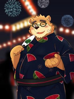 anthro belly blush eyewear festival fireworks food fruit glasses humanoid_hands kemono male melon night one_eye_closed overweight overweight_male plant solo watermelon watermelon_slice wink yaki_atsuage lifewonders tokyo_afterschool_summoners volos_(tas) bear mammal 2025 absurd_res hi_res