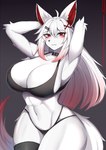 abs anthro big_breasts bikini biped blush breasts clothed clothing female fur hair huge_breasts looking_at_viewer pose pupils simple_background solo swimwear thick_thighs three-quarter_view two-piece_swimsuit wide_hips homura_kyuu canid canine mammal hi_res