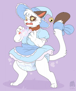4_fingers 4_toes accessory ambiguous_gender anthro bell blue_bow blue_clothing blue_dress blue_hat blue_headwear blush blush_lines bow_ribbon brown_body brown_collar brown_ears brown_fur brown_tail_tip clean_diaper clothed clothing cloud_emanata collar diaper diaper_puff dipstick_tail dress emanata fangs feet fingers fur furgonomics hat headgear headwear logo magic magic_user markings multicolored_body multicolored_fur open_mouth pawpads pink_nose purple_background red_inner_ear red_pawpads ribbons simple_background solo spots spotted_body spotted_face spotted_fur standing tail tail_accessory tail_bow tail_markings tail_ribbon teeth toes two_tone_body two_tone_fur wearing_diaper white_body white_fur white_tail wizard_hat bubblepuppers myst_(daxter131) domestic_cat felid feline felis mammal artist_logo hi_res
