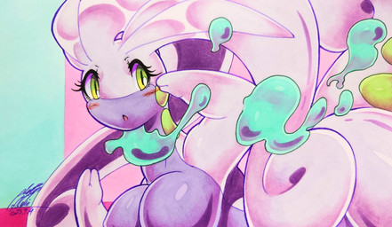antennae_(anatomy) anthro blush blush_lines breasts eyelashes featureless_breasts female green_eyes non-mammal_breasts open_mouth purple_body purple_skin solo 025aki mythology nintendo pokemon dragon generation_6_pokemon goodra mythological_creature mythological_scalie pokemon_(species) reptile scalie 2023 absurd_res dated hi_res signature