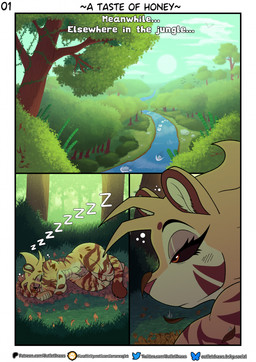 anthro big_breasts big_muscles black_sclera breasts brown_body brown_fur brown_nipples female forest fur leaf multicolored_body multicolored_fur muscular muscular_anthro muscular_female nipples orange_eyes plant river sleeping solo striped_body striped_fur stripes tail tan_body tan_fur text thick_thighs tree two_tone_body two_tone_fur outletdraws honey_(outletdraws) ambient_bird felid mammal pantherine tiger 2025 comic english_text hi_res