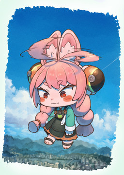 4_fingers ahoge anklet anthro barefoot braided_pigtails chibi clothed clothed_anthro clothed_female clothing cloud dress ear_piercing ear_ring feet female fingers flat_chested flying fully_clothed fully_clothed_anthro fully_clothed_female fur hair helicopter_hair inner_ear_fluff jewelry outside piercing pink_body pink_fur pink_hair red_eyes ring_piercing sky solo tuft peppergecko72 mihoyo zenless_zone_zero zhao_(zenless_zone_zero) lagomorph leporid mammal rabbit thiren 2026 absurd_res hi_res