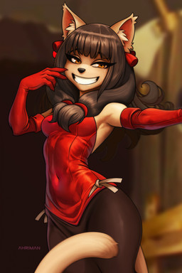 anthro armwear brown_hair clothing dress elbow_gloves female gloves hair handwear inner_ear_fluff looking_at_viewer orange_eyes small_waist smile solo tan_body tuft wide_hips ahriman_(artist) ankama dofus wakfu miranda_(wakfu) domestic_cat ecaflip felid feline felis mammal 2026 colored hi_res portrait shaded three-quarter_portrait