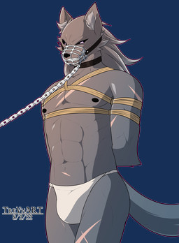 anthro arm_scar arms_tied bdsm black_sclera bondage bound bulge cage_muzzle chest_scar clothing collar fur grey_body grey_fur grey_hair hair half_naked hands_behind_back leash leg_scar male muscular muzzle_(object) muzzled pink_eyes restraints rope rope_bondage scar submissive submissive_male tail underwear wire_basket_muzzle trevhart elden_ring fromsoftware blaidd_(elden_ring) canid canine canis mammal wolf 2022 alpha_channel hi_res
