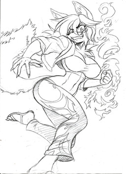 action_pose anthro bandeau big_breasts bottomwear breasts chest_tuft cleavage clothed clothing feet female fingernails fire footwear jacket magic magic_user midriff nails open_clothing open_jacket open_topwear pants pattern_bottomwear pattern_clothing pattern_pants pose running sandals sharp_fingernails sharp_nails sharp_toenails shoes small_waist solo toenails toes toothy_grin topwear tube_top tuft wide_hips chochi canid canine fox mammal 2022 black_and_white graphite_(artwork) hi_res monochrome sketch traditional_media_(artwork)
