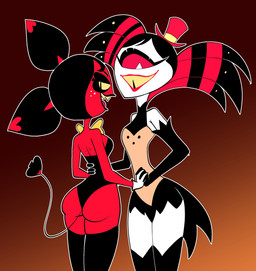 1_eye big_butt black_hair black_lipstick breasts bubble_butt butt butt_focus clothing duo eyelashes female freckled_face freckles gloves hair handwear happy hat headgear headwear leotard lipstick makeup not_furry orange_background pupils red_body red_lipstick red_sclera red_skin sharp_teeth short_hair simple_background slit_pupils small_breasts smile spade_tail tail teeth thick_thighs white_body white_clothing white_gloves white_handwear white_skin yellow_sclera yellow_teeth bunibelol hazbin_hotel hellaverse background_character huskettes_(hazbin_hotel) cyclops demon demon_humanoid humanoid sinner_demon hi_res