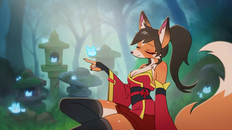 anthro asian_clothing breasts cleavage clothed clothing east_asian_clothing female fluffy fluffy_tail forest hair happy japanese_clothing kimono obi plant ponytail purple_eyes shrine solo tail tree rylebee kumiho_(purplelemons) canid canine fox mammal 16:9 animated hi_res no_sound short_playtime video widescreen
