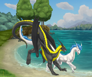 cheek_horns cheek_spikes chin_horn claws cloud duo eye_contact facial_horn facial_spikes feet female feral forest hair horn lake lakeside long_ears long_hair long_tail looking_at_another looking_at_partner male mane mane_hair mountain muscular muscular_female muscular_male paws plant quadruped running running_on_all_fours running_on_water scale_plates scales shore sky smile smiling_at_another smiling_at_each_other smiling_at_partner spikes spikes_(anatomy) sunny tail toe_claws toes tree wings wings_folded epicusgloriosus mythology christa_(rebeldragon101) ernesto_(rebeldragon101) dragon mythological_creature mythological_scalie scalie 6:5 hi_res