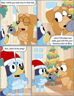 age_difference anthro black_eyes black_nose blue_body blue_fur blue_tail bodily_fluids box brown_body brown_ears brown_fur brown_nose brown_tail christmas_clothing christmas_headwear christmas_tree clothing container day dialogue duo ear_piercing ear_ring exclamation_point eye_contact eyelashes eyes_closed female fur gift gift_box gift_wrapped hand_on_chest hand_on_own_chest hands_together hat headgear headwear holidays inside kneeling lgbt_pride looking_at_another multicolored_body multicolored_fur piercing plant red_clothing red_hat red_headwear ring_piercing sad santa_hat side_view smile speech_bubble standing tail tears teeth text three-quarter_view tongue tree two_tone_body two_tone_fur two_tone_hat two_tone_tail whispering white_clothing white_hat white_headwear window yellow_body yellow_fur young young_anthro young_female younger_female omatic bluey_(series) christmas lgbt_pride_month bluey_heeler fan_character jamie_(omatic) australian_cattle_dog canid canine canis cattledog domestic_dog herding_dog mammal pastoral_dog 2025 absurd_res comic digital_media_(artwork) english_text hi_res aunt_(lore) aunt_and_niece_(lore) niece_(lore) trans_(lore) trans_woman_(lore)