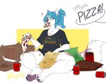 5_fingers anthro barefoot beverage blue_hair chips_(food) clothed clothing eating feet female fingers food hair pizza sitting soda solo redpixie ophelia_(soaskep) canid canine canis mammal wolf 2019 digital_media_(artwork)