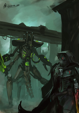 ambush battlefield cloak cloaked clothing eyewear female glasses holding_object holding_weapon knife looking_at_side ruins science_fiction weapon wearing_glasses warhammer_(franchise) warhammer_40000 necron digital_drawing_(artwork) digital_media_(artwork) digital_painting_(artwork) hi_res painting_(artwork)