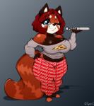 bottomwear breasts cleavage clothed clothing female food one_eye_closed pants pizza shirt solo topwear wink superix tuua_(tatara_arts) ailurid mammal red_panda absurd_res hi_res