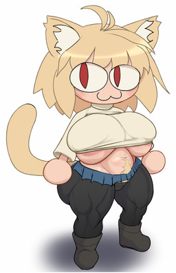 :3 anthro areola areola_slip big_breasts black_bottomwear black_clothing black_pants blonde_hair blue_bottomwear blue_clothing blue_skirt body_hair bottomwear breasts closed_smile clothing female footwear hair happy_trail inner_ear_fluff light_body light_skin long_tail looking_at_viewer mouth_closed muscular muscular_legs muscular_thighs noseless pants pubes red_eyes shirt shoes simple_background skirt smile solo tail thick_thighs tight_clothing topwear tuft under_boob white_background white_clothing white_inner_ear_fluff white_shirt white_topwear yellow_ears yellow_tail jojojiva tsukihime type-moon neco-arc animal_humanoid cat_humanoid domestic_cat felid felid_humanoid feline feline_humanoid felis humanoid mammal mammal_humanoid absurd_res hi_res