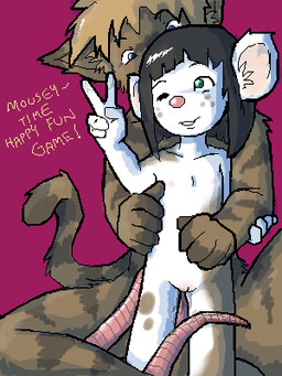 5_fingers age_difference anthro anthro_on_anthro arm_grab bare_chest black_hair blonde_hair blue_eyes brown_hair collarbone dialogue duo female fingers fur genitals gesture grabbing_from_behind green_eyes grin hair hand_gesture hand_on_belly happy inner_ear_fluff larger_male loli looking_at_another looking_at_partner male male/female multicolored_body multicolored_fur nipples nude older_male one_eye_closed penis pink_background pink_nose pink_tail predator/prey purple_background rat_tail sex short_snout simple_background sitting size_difference smaller_female smile standing tail tan_body tan_fur tan_tail text tuft two_tone_body two_tone_fur v_sign vulva white_body white_fur young young_anthro young_female younger_female unknown_artist domestic_cat felid feline felis mammal mouse murid murine rodent 3:4 digital_media_(artwork) english_text low_res oekaki source_request