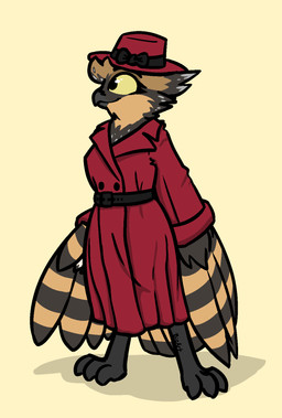 anthro beak belt bottomless bow_ribbon breasts brown_body brown_feathers claws clothed clothing coat coat_only feathers feet female grey_body grey_feathers greying_hair hair happy hat headgear headwear mature_anthro mature_female non-mammal_breasts semi-anthro simple_background smile solo tail topwear topwear_only trenchcoat white_body white_feathers winged_arms wings yellow_eyes bizart elaine_(bizart) avian bird owl pygmy_owl true_owl 2026 aliasing digital_media_(artwork) hi_res