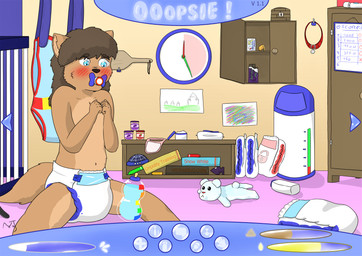 ageplay ambiguous_gender anthro bdsm blush bodily_fluids clothed clothing diaper diaper_only feces fur gameplay_mechanics genital_fluids hair humiliation infantilism male object_in_mouth pacifier pacifier_in_mouth paddle roleplay scatplay solo submissive text topless urine watersports wearing_diaper wetting ahcocqui canid canine canis mammal wolf absurd_res digital_media_(artwork) english_text hi_res