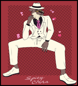accessory anthro black_border black_eyebrows black_nose border bottomwear brown_body brown_fur cheek_tuft clothing eyebrows facial_hair facial_tuft footwear fur hat headgear headwear heart_symbol male male_anthro mustache necktie pants pattern_background pencil_mustache purple_necktie red_background shoes simple_background sitting solo suit tan_body tan_fur topwear tuft white_bottomwear white_clothing white_footwear white_hat white_headwear white_pants white_shoes white_suit white_topwear yellow_eyes spicy_cinna dreamworks the_bad_guys mr._wolf_(the_bad_guys) canid canine canis mammal wolf 2021 absurd_res digital_drawing_(artwork) digital_media_(artwork) hi_res