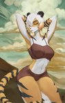 anthro arm_tuft breasts countershade_face countershade_torso countershading elbow_tuft eyes_closed female fur hair hair_over_eye hands_behind_head markings midriff navel one_eye_obstructed solo striped_markings stripes tuft refegi felid mammal pantherine tiger hi_res