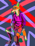 abstract_background anthro bottomwear clothed clothing eyewear fur glasses hoodie looking_at_viewer male orange_body orange_fur piston shorts simple_background solo tail topwear white_body white_fur yellow_body vulpiro canid canine fox mammal red_fox true_fox 3:4 digital_media_(artwork) hi_res