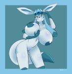 2017 anthro anthrofied areola big_breasts big_eyes breasts canid eeveelution featureless_crotch female generation_4_pokemon glaceon hi_res holding_breast huge_breasts long_ears mammal marrazan nintendo nipples nude pokemon pokemon_(species) pokemorph small_waist smile solo