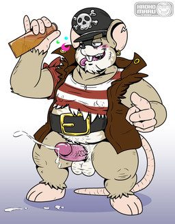 anthro balls belly biped blush bodily_fluids bottomless clothed clothing cum drunk ear_piercing ear_ring ejaculation erection genital_fluids genitals humanoid_hands male overweight overweight_male penis piercing pirate pirate_hat ring_piercing scar shirt simple_background solo substance_intoxication tongue tongue_out topwear wanikami capt'n_verm_scurvytail mammal mouse murid murine rodent 2024 hi_res