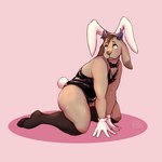 ambiguous_gender anthro black_clothing black_legwear brown_body brown_eyes brown_fur brown_hair bunny_costume clothing costume cotton_tail fake_ears fake_rabbit_ears fur genderfluid gloves hair handwear horn kneeling legwear leotard long_ears simple_background snout solo stockings thick_thighs white_clothing white_handwear moomoonjun gus_(moomoonjun) bovid canid canine canis caprine domestic_dog mammal 1:1 2024 digital_drawing_(artwork) digital_media_(artwork) hi_res watermark