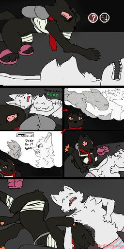 anthro bandage bandaged_arm bandaged_chest bandaged_leg black_body black_fur claws clothing cuddling duo footwear fur legwear male male/male scarf simple_background sleeping sleeping_together socks tail teeth thigh_highs thigh_socks thought_bubble tired_eyes white_body white_fur toiletdestroyer boy_kisser_(meme) casualties:_unknown canid canine expie_(gunsawian) felid feline gunsawian mammal 1:2 comic hi_res meme