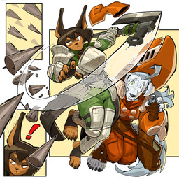 5_fingers 5_toes action_pose ahoge anthro armor ascot axe bag belt belt_pouch black_nails breastplate brown_body brown_fur brown_nails choker clothed clothing colored_nails duo exclamation_point feet female fingerless_gloves fingers footwear fur gloves greaves green_eyes hair handwear holding_object holding_weapon humanoid_feet jewelry knight melee_weapon motion_lines nails necklace orange_eyes pauldron pawpads plantigrade pose scarf sharp_nails short_hair shoulder_guards spikes toeless_footwear toes torn_clothing warrior weapon white_body white_fur wood ceehaz dog_knight_rpg orinette_(ceehaz) rory_(ceehaz) borzoi canid canine canis dobermann domestic_dog hunting_dog mammal pinscher sighthound 1:1 2020 absurd_res hi_res