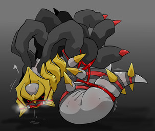 ambiguous_gender bdsm bit_gag bodily_fluids bondage bound feral gag gagged grey_background harness red_harness saliva simple_background slightly_chubby solo sweat kageyama nintendo pokemon generation_4_pokemon giratina legendary_pokemon origin_forme_giratina pokemon_(species) 2015